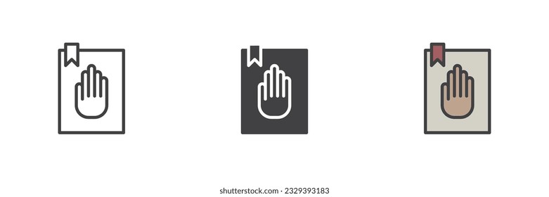 Oath Book different style icon set. Line, glyph and filled outline colorful version, outline and filled vector sign. Symbol, logo illustration. Vector graphics