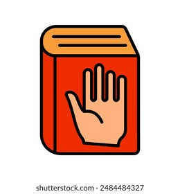 Oath book line icon. Book, hand, promise, swearing-in, oath, pledge, commitment, truth, law, justice, ceremony, official, integrity, honesty, vow, declaration, statement, legal, allegiance