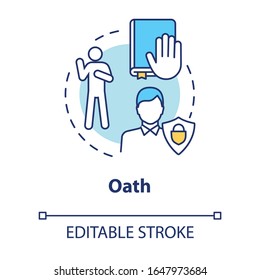 Oath concept icon. Making pledge on book. Courthouse legislation. Witness testimony. Notary service idea thin line illustration. Vector isolated outline RGB color drawing. Editable stroke