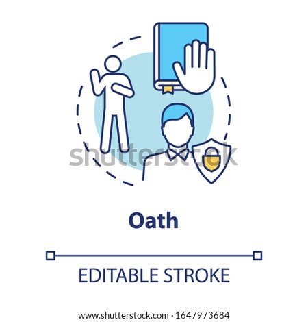 Oath concept icon. Making pledge on book. Courthouse legislation. Witness testimony. Notary service idea thin line illustration. Vector isolated outline RGB color drawing. Editable stroke
