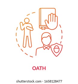 Oath red concept icon. Legal assurance. Making pledge on book. Courthouse legislation. Witness testimony. Notary service idea thin line illustration. Vector isolated outline RGB color drawing