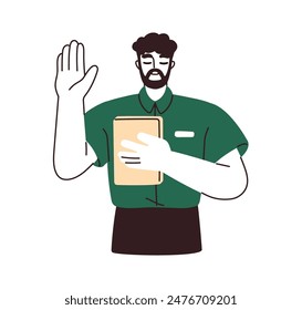 Oath swearing man. Promise of honesty, loyalty and commitment. Sincere dedication, guarantee and faith. Hand raised, book on chest. Concept flat vector illustration isolated on white background