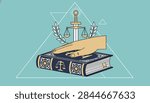 Oath taking ceremony vector concept showing a hand on a law book with scales of justice and sword in background.