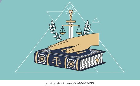 Oath taking ceremony vector concept showing a hand on a law book with scales of justice and sword in background.