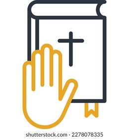 Oath thin line icon, human hand on Bible. Promise, truth. Vector illustration.