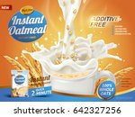 oatmeal ad, with milk pouring into a cup and oat elements, 3d illustration