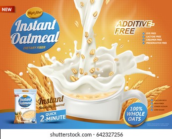 Oatmeal Ad, With Milk Pouring Into A Cup And Oat Elements, 3d Illustration