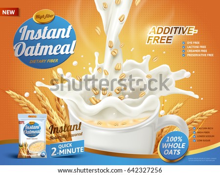 oatmeal ad, with milk pouring into a cup and oat elements, 3d illustration