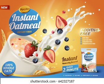 oatmeal ad, with milk splashing and mixed berries, 3d illustration