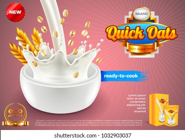 Oatmeal ads. Pouring milk and oats. 3d illustration and packaging