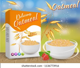 Oatmeal ads. Vector realistic illustration of oat flake carton box package mockup, bowl of oat flakes and oat ears.