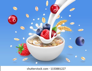 Oatmeal advertising and forest berries, milk splashing and blueberry, cranberry, raspberry