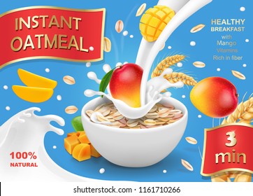 Oatmeal advertising with mango and milk splashing realistic. Oats instant flakes muesli illustration