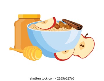 Oatmeal with apples, almonds, cinnamon and honey icon vector. Healthy cereal breakfast icon vector isolated on a white background. Oat flakes breakfast still life. Bowl of oatmeal icon set