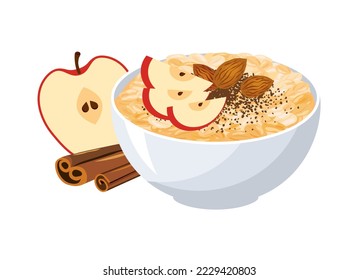 Oatmeal and apples   cinnamon icon vector  Healthy sweet cereal breakfast and apple  cinnamon   almonds icon vector isolated white background  Oat flakes breakfast still life drawing
