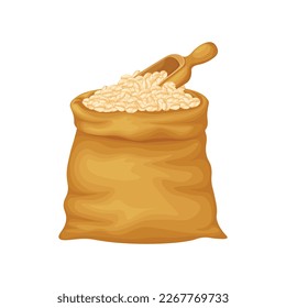 Oatmeal. Oatmeal in a bag. A large bag of oat grains and a wooden scoop. Cereals. Vector illustration isolated on a white background