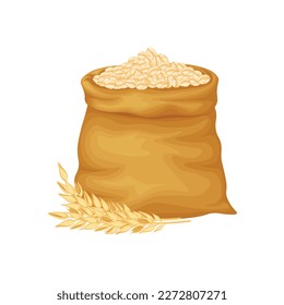 Oatmeal. Oatmeal in a bag. A large bag of oat grains and a wooden scoop. Cereals. Vector illustration isolated on a white background