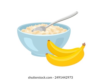 Oatmeal with banana in bowl. Spoon in porridge. Vector cartoon flat illustration of healthy breakfast.