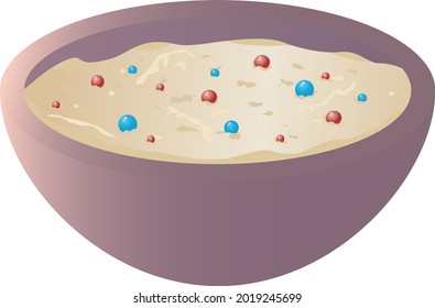 Oatmeal with berries in a deep purple plate. Illustration in flat style, cartoon. Healthy food, breakfast, lunch, dinner. Food intake.