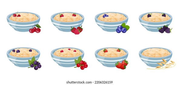 Comida en tazón azul con bayas. Ilustración vectorial del desayuno saludable. Lagos con cerezas, frambuesas y frutas variadas. Desayuno de cereales.