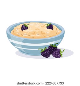 Oatmeal in blue bowl with blackberries. Vector illustration of an English breakfast cereal
