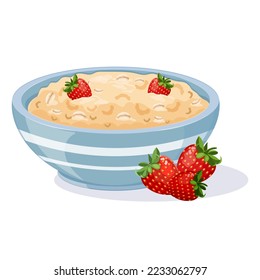 Oatmeal in blue bowl with strawberries. Fruit cereal for breakfast. Vector illustration of a healthy carbohydrate diet.