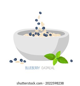 Oatmeal with blueberries bowl isolated on white background. Oatmeal breakfast cup, oat grain porridge. For healthy breakfast. Fresh cooking, healthy diet ingredient. For cooking site, menus, books