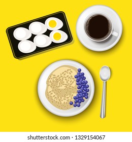 Oatmeal in a bowl with blueberries, the cup of coffee and the boiled eggs. Top view. Healthy natural breakfast. Portion of oats with fruits in a bowl isolated on background.