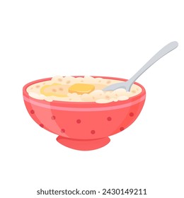 Oatmeal bowl with butter and spoon. Cereal porridge for breakfast. Oat food. Natural product. Healthy food concept. Cartoon vector illustration.