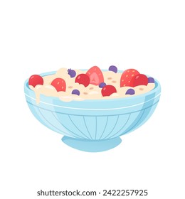 Oatmeal bowl with fruits. Cereal porridge for breakfast. Oat food. Natural product. Healthy food concept. Cartoon vector illustration.