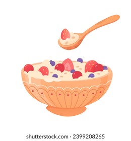 Oatmeal bowl with fruits and spoon. Cereal porridge for breakfast. Oat food. Natural product. Healthy food concept. Cartoon vector illustration.