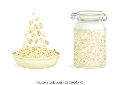 Oatmeal in Bowl and Glass Jar as Whole-grain Food Vector Set