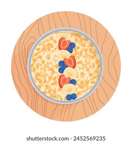 Oatmeal in a bowl on wooden plank isolated on white background. Oat flakes with strawberries, blueberries and banana. Porridge oats, top view. Healthy natural breakfast. Vector illustration