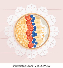 Oatmeal in a bowl on wooden table decorated with napkin. Oat flakes with banana, strawberries and blueberries. Porridge oats, top view. Healthy natural breakfast. Vector illustration