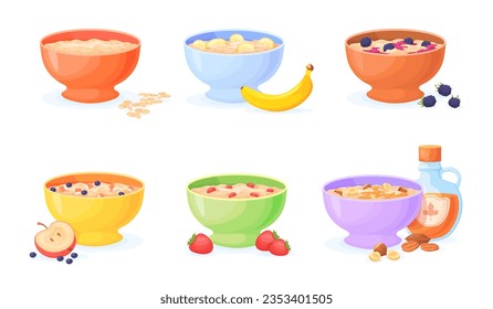 Oatmeal bowls. Oats porridge in bowl with berries fruit or millet flakes, morning breakfast for fitness and kids dessert, healthy food cereal meal muesli, neat vector illustration of breakfast oatmeal