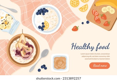 El concepto de avena en el desayuno. Alimentos saludables y dieta vegetariana. nutrición adecuada. Leche de avena con rodajas de pera, plátano, fresa y arándano. Dibujo vectorial plano de dibujos animados