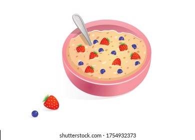 Oatmeal for breakfast with blueberries and strawberries in a pink plate. Vector illustration of cereal with berries on a white background. Flat design style. The concept of proper nutrition.