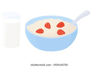 Oatmeal breakfast bowl with strawberry. Cup of oat grain porridge with glass of milk and berries isolated on white background. Vector food illustration. Cartoon muesli, flakes for healthy eating.