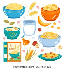 Oatmeal breakfast cereals flat cartoon isolated hand drawn set