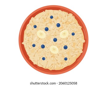 Desayuno de comidas con vistas a la cima de la taza. Gachas de grano de avena. Caricatura estilo muesli. Ilustración vectorial aislada en fondo blanco.