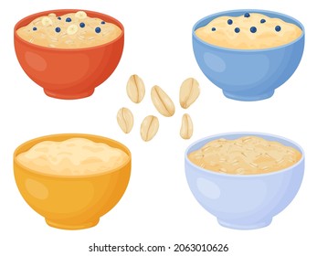 Oatmeal breakfast cups set. Oat grain porridge. Cartoon style muesli. Vector illustration isolated on white background.