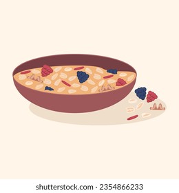 Oatmeal breakfast, oat flakes Bowl with milk porridge, fruits, nuts vector illustration design