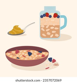 Oatmeal breakfast, oat flakes set Bowl with milk porridge, fruits vector illustration design