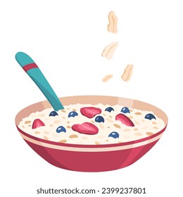 Oatmeal breakfast porridge icon, bowl with fruit and berries in milk. Healthy nutrition meal concept. Vector illustration isolated on white background