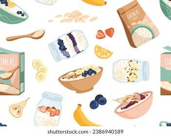 Desayuno de harina de avena sin fisuras. Elemento de diseño repetitivo para imprimir en tela. Mañana tradicional comiendo con frutas y bayas. Banana, fresa y pera. Dibujo vectorial plano de dibujos animados