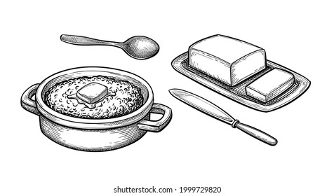 Oatmeal, butter and cutlery. Ink sketch isolated on white background. Hand drawn vector illustration. Retro style.