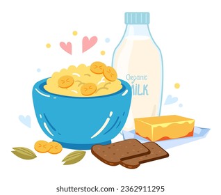 Oatmeal cereal breakfast bowl milk healthy food meal concept. Vector flat graphic design illustration