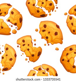 Oatmeal cookie with chocolate crumbs pattern. Sweets food cookies pattern. Bitten and broken cookies seamless pattern. Choco chip cookies seamless illustration. 