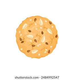 Oatmeal cookie with flax, sesame and sunflower seeds. Vector cartoon flat illustration of healthy food.