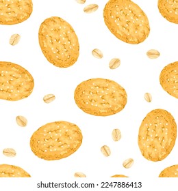 Oatmeal cookies background. Seamless pattern with healthy pastries and oat flakes. Vector cartoon illustration.